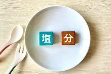 お皿の上に塩分　スプーンとフォーク