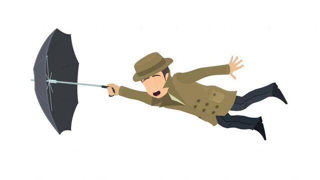 Man is flying with an umbrella. Wind day animation, alpha channel enabled. Cartoon