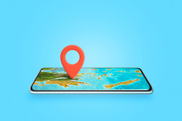 Phone as a map concept. Map pin pinned to the phone display where the map is located. The concept...