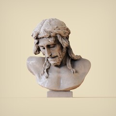 Stone statue of the face of Jesus crucified.  Jesus face 3D Illustration