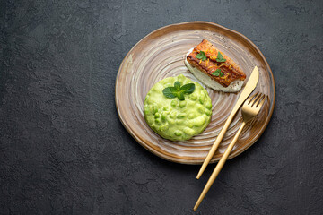 Pan fried ocean perch with edamame, restaurant dish