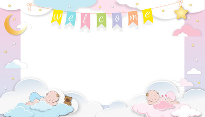Baby shower card,Cute little twin boy, girl sleeping on fluffy cloud with crescent moon and star on pink sky background, Vector Paper cut cloudscape backdrop with copy space for newborn baby's photo - obrazy, fototapety, plakaty