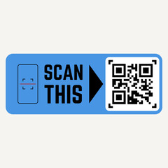 Scan this qr code sticker template. Mockup of label with QR code on blue background and black text scan this.