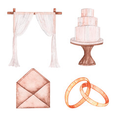 Watercolor wedding set. Arch, cake, wedding rings. Isolated on white background.