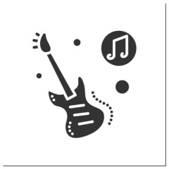  Bass guitar glyph icon. Modern string electric musical instrument with bass amplifier. Classical music. Music from different countries. Filled flat sign. Isolated silhouette vector illustration - obrazy, fototapety, plakaty