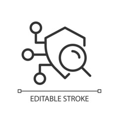Security scan pixel perfect linear icon. Detecting system weaknesses. Search vulnerabilities, defects. Thin line illustration. Contour symbol. Vector outline drawing. Editable stroke. Arial font used