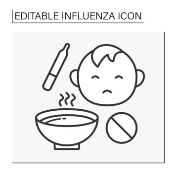  Sickness Line Icon. Unhealthy Child Avoid Food. Healthcare. Influenza Concept. Isolated Vector Illustration. Editable Stroke