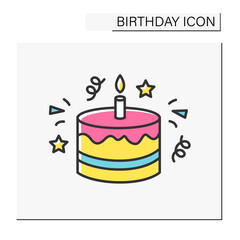 Cake color icon. Tasty birthday sweet cake with three candles.Party. Birthday concept. Isolated vector illustration