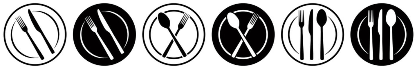 Set of knife, fork, spoon and plate icons. Restaurant logotype, menu symbols. Cooking template, cafe, diner, restaurant.