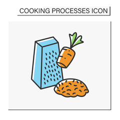 Cook color icon. Steel vegetable grater. Grated carrot into small pieces.Kitchen utensils for cooking. Cooking process concept. Isolated vector illustration