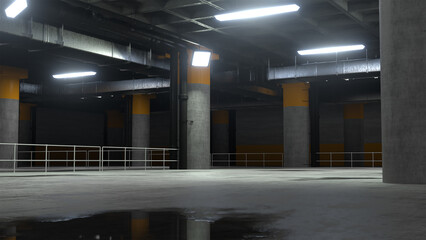 Underground Sci Fi Concrete Cement Background Dark Reflective Showroom Parking White Lights Modern Elegant 3D Rendering Illustration