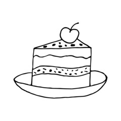 Sweet layered fruit cake with cherries and confectionery sprinkles. Delicious dessert for a tea party. Doodle. Hand drawn vector illustration. Outline.