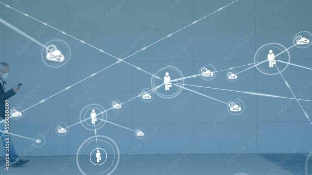 Poster animation of network of connections with icons over caucasian man with suitcase