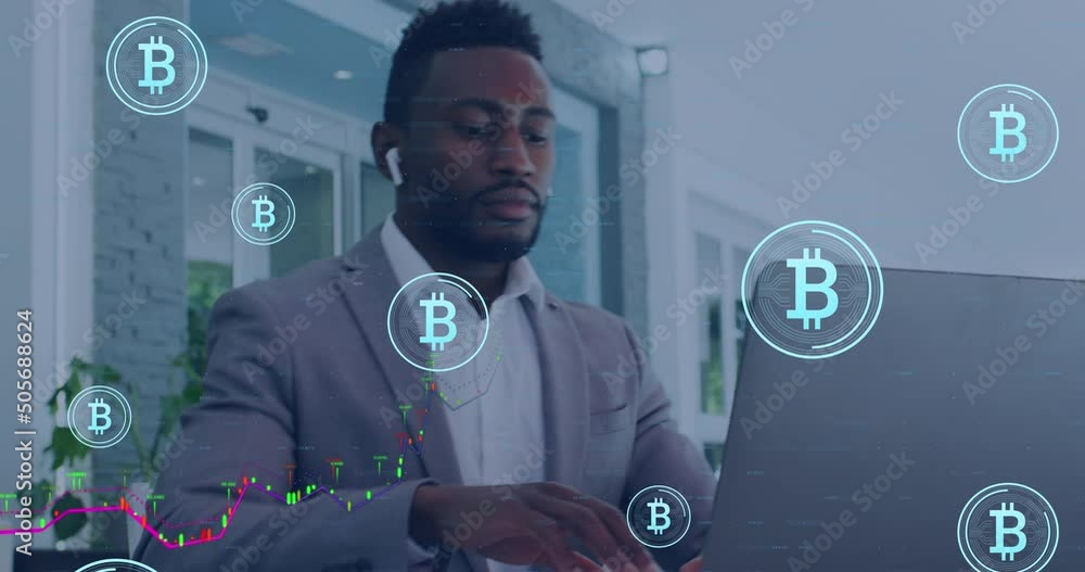 Poster animation of data processing and bitcoin symbols over african amercian businessman using laptop