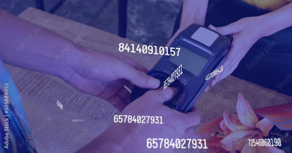 Poster animation of data processing over diverse people paying with credit card