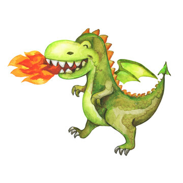 Cartoon watercolour dragon, fire breathing dragon.