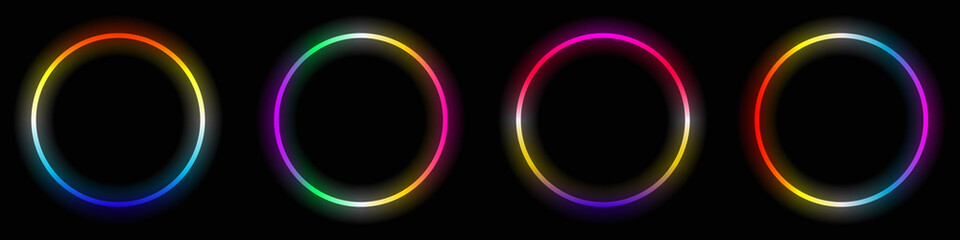 Set glowing circle shape bright multicolor gradient frame design element dark background vector illustration.