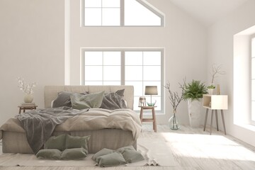 White bedroom interior. Scandinavian design. 3D illustration