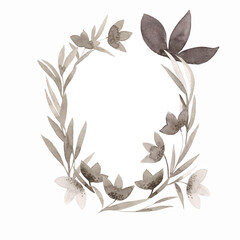 Frame of brown watercolor flowers and plants. Monochrome illustration isolated on white background