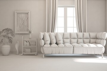 White minimalist living room with sofa. Scandinavian interior design. 3D illustration