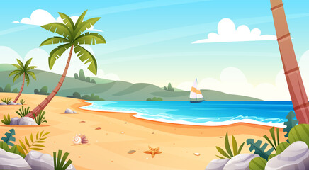 Fototapeta na wymiar Tropical beach landscape with sailboat and palm trees on the seashore. Summer vacation background cartoon concept