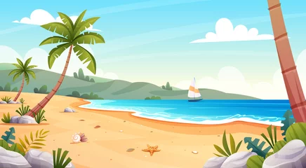Fototapeten Tropical beach landscape with sailboat and palm trees on the seashore. Summer vacation background cartoon concept © YG Studio