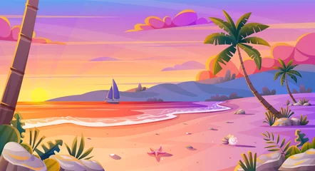Meubelstickers Sunset or sunrise on the beach landscape with beautiful pink sky and sun reflection over the water. Summer vacation background cartoon concept © YG Studio