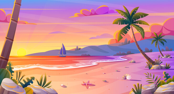 Sunset or sunrise on the beach landscape with beautiful pink sky and sun reflection over the water. Summer vacation background cartoon concept