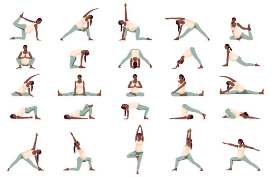 Standing yoga poses set/ Illustration stylized woman practicing