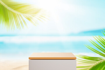 3d podium on yellow color and tropical beach with blue sky white clouds and palm leaves abstract background. Copy space of product presentation and summer nature concept.
