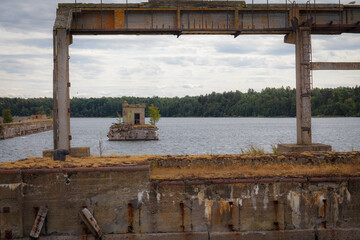 Hara, Estonia - June 03 2021: Ruins of Hara Harbour buildings and submarine demagnetizing base.