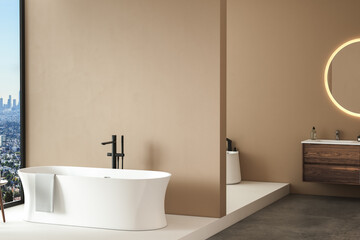 Obraz na płótnie Canvas Modern minimalist bathroom interior, modern bathroom cabinet, sink, oval mirror, concrete flooring, accessories, bathtub, beige walls. 3d rendering 