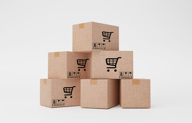 Isolation realistic Paper carton boxes stacking on white background for shipping and delivery concept by 3d render illustration.