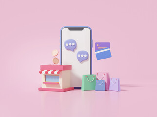 Minimal cartoon buy sell shop store and shopping bag with mobile app chat talk shopping online concept. on pink background ,isometric, discount, promotion, sale, advertising. 3d render illustration