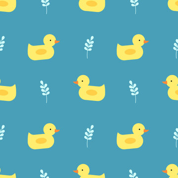 Seamless pattern - bath ducks on blue background. Vector pattern with cute ducklings. Cartoon ducklings for baby textile, fabric
