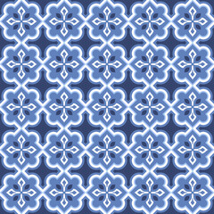 Vector. Seamless mediterranean geometric pattern in patchwork style. Talavera template. Portuguese Azulejo. Turkish decoration. Moroccan mosaic. Spanish porcelain. Ceramic dishes, folk ornament. Blue.