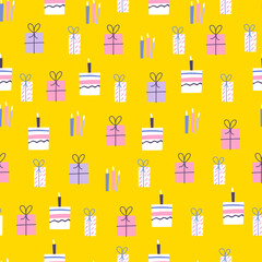 Seamless pattern with cake and gifts on a yellow background. Pattern for wrapping paper. Holiday wallpaper.