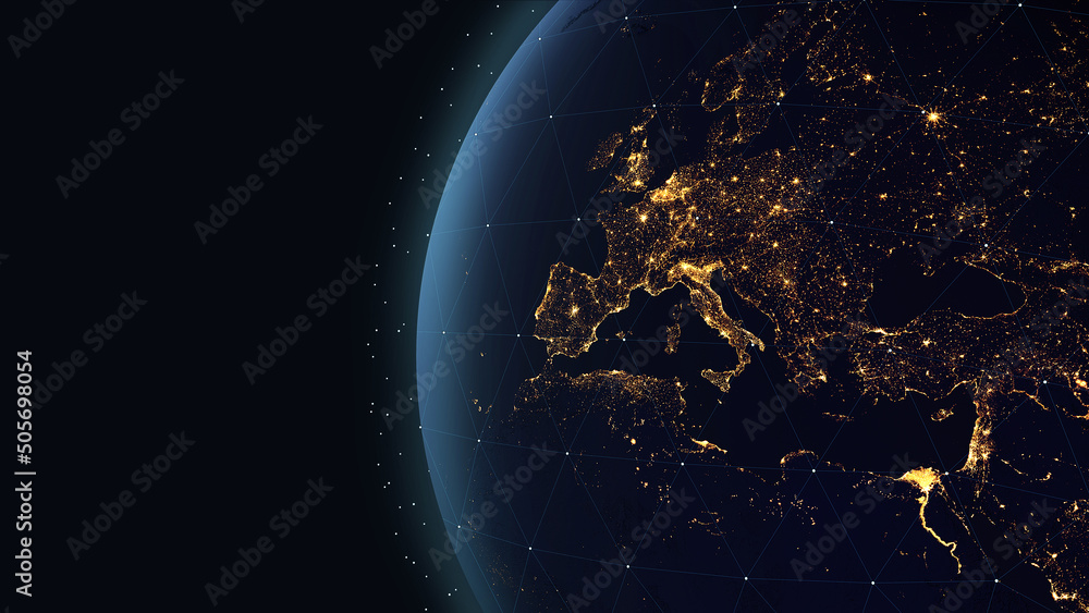 Poster Earth digital systems/3d rendering Earth with the lights of European cities, as well as lines of digital communication systems. Some elements of the image provided by NASA. 3d rendering