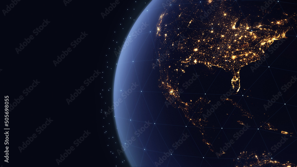 Aufkleber Earth digital systems/3d rendering Earth with the lights of North American cities, as well as lines of digital communication systems. Some elements of the image provided by NASA. 3d rendering