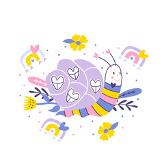 Children's illustration with a snail, flowers and a rainbow. Fashionable print for children's textiles. Cartoon illustration.