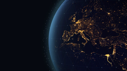 Earth digital systems/3d rendering Earth with the lights of European cities, as well as lines of digital communication systems. Some elements of the image provided by NASA. 3d rendering