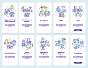 Social assistance onboarding mobile app screen set. Programs walkthrough 5 steps graphic instructions pages with linear concepts. UI, UX, GUI template. Myriad Pro-Bold, Regular fonts used