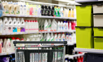 shopping in supermarket.(washing powder,detergent,shampoo, soap).