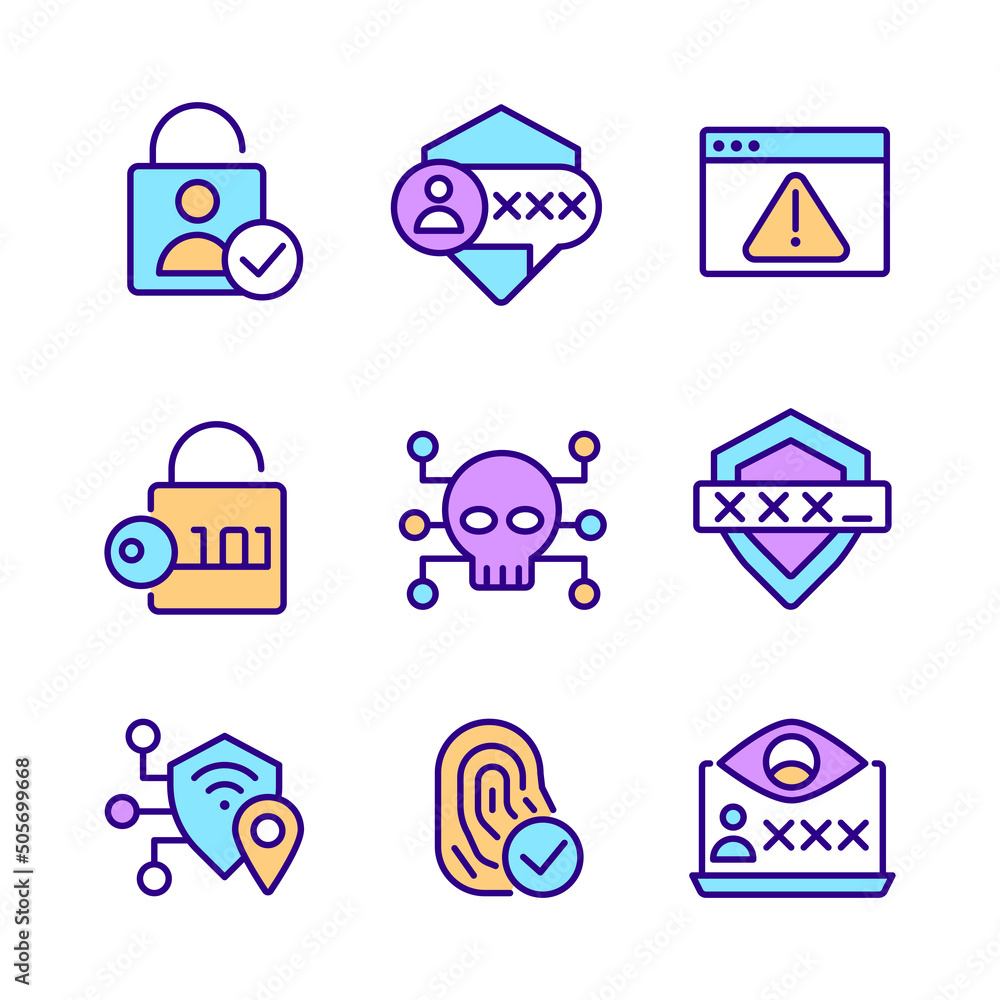 Poster cybersecurity technologies pixel perfect rgb color icons set. user authentication. encrypted message