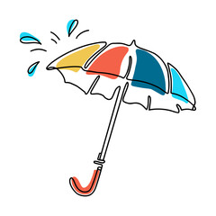 Vector drawing parasol. Continuous one line art drawing of umbrella, silhouette, rainy accessories, protection. Isolated on white background. Rain drops. Design, symbol, flat icon. Colorful drop.