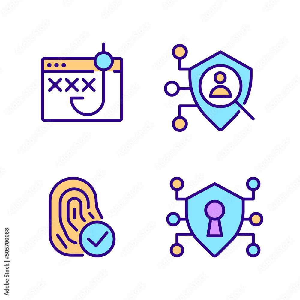 Poster data security and protection pixel perfect rgb color icons set. biometrics technology. access contro