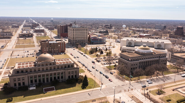 Afternoon aerial view of downtown Gary, Indiana, USA.