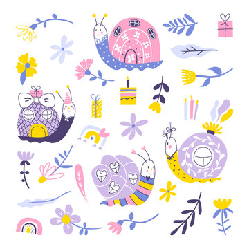 Set of children's illustrations with snails and flowers isolated on a white background. Children's characters