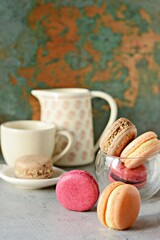  Colorful Almond macarons with various fillings. Small French cakes, tea time. 