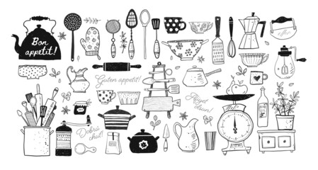 Big set of kitchen doodle sketch utensils hand-drawn with ink on white background. Cups, teapots, pots. bottles. chopping boards ets. Bon appetit in different languages.